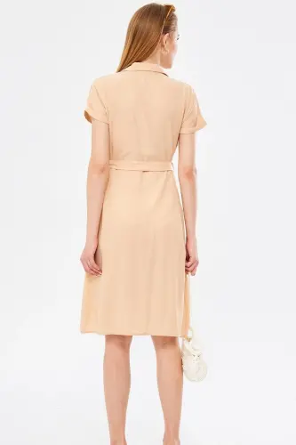 Women's Cream Belted Short Sleeve Shirt Dress ARM-19Y001068-Cream - 4