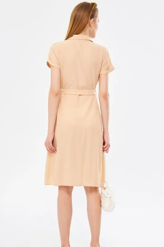 Women's Cream Belted Short Sleeve Shirt Dress ARM-19Y001068-Cream - 4