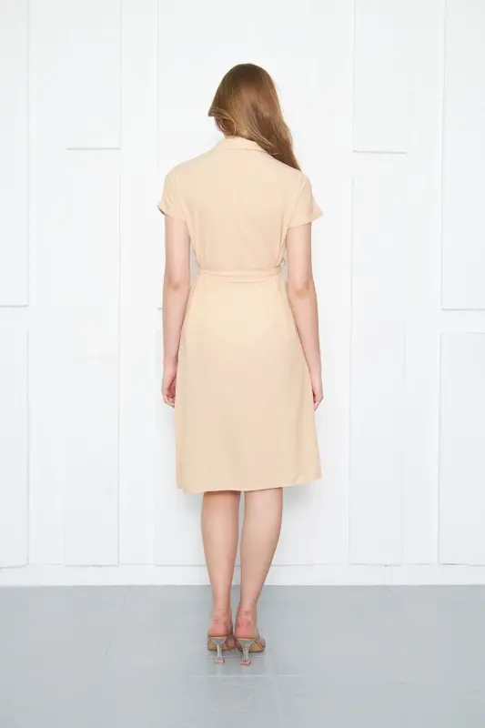 Women's Cream Belted Short Sleeve Shirt Dress ARM-19Y001068-Cream - 6
