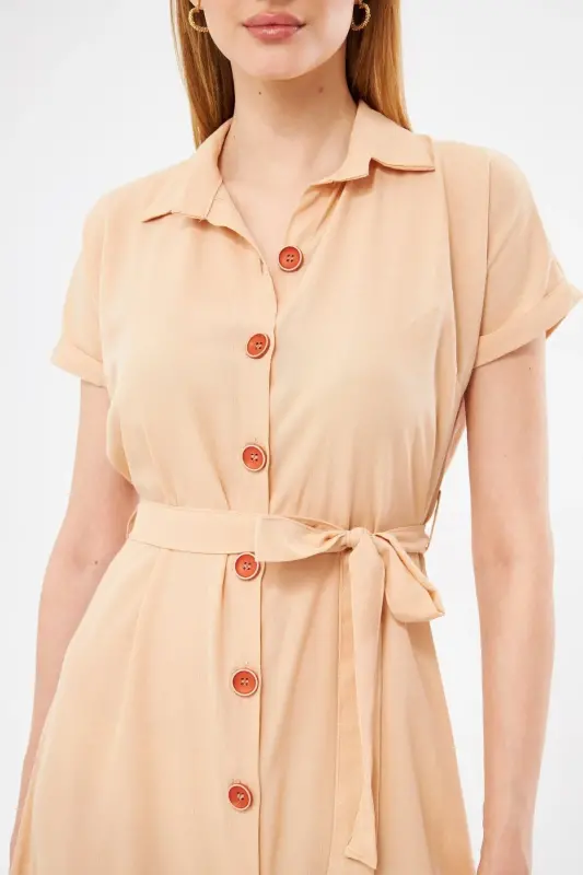 Women's Cream Belted Short Sleeve Shirt Dress ARM-19Y001068-Cream - 3