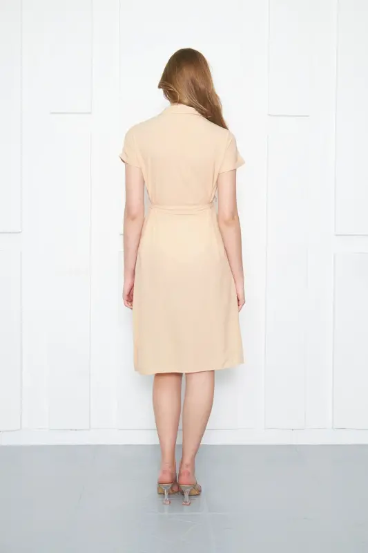 Women's Cream Belted Short Sleeve Shirt Dress ARM-19Y001068-Cream - 7