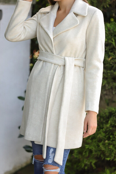 Women's Cream Belted Wide Collar Cashmere Coat - 2