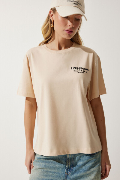 Women's Cream Bicycle Neck Printed Knit T-Shirt NJ00137 - 4