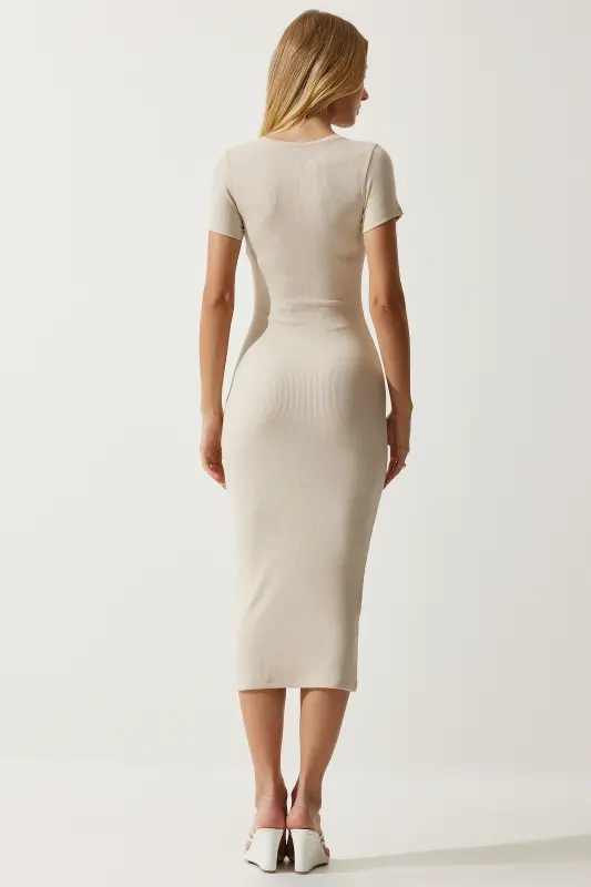 Women's Cream Bicycle Neck Slim Fit Ribbed Knitted Dress UB00241-Cream - 4