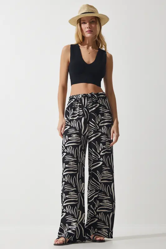 Women's Cream Black Patterned Flowy Viscose Palazzo Pants EN00606-Cream Black - 1