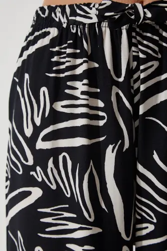 Women's Cream Black Patterned Flowy Viscose Palazzo Pants EN00606-Cream Black - 4