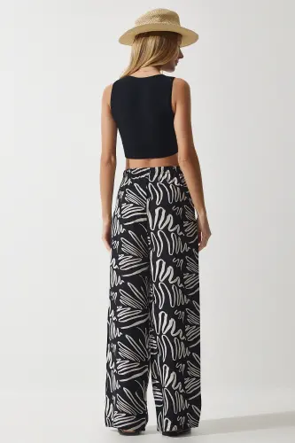 Women's Cream Black Patterned Flowy Viscose Palazzo Pants EN00606-Cream Black - 5