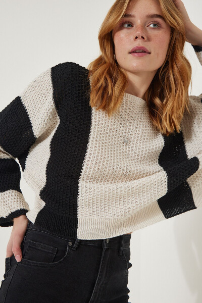 Women's Cream Black Striped Seasonal Knitted Sweater MC00254 - 4