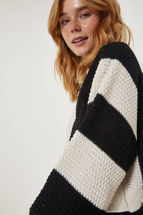Women's Cream Black Striped Seasonal Knitted Sweater MC00254 - 5