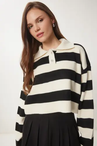 Women's Cream Black Stylish Buttoned Collar Striped Crop Knit - 1