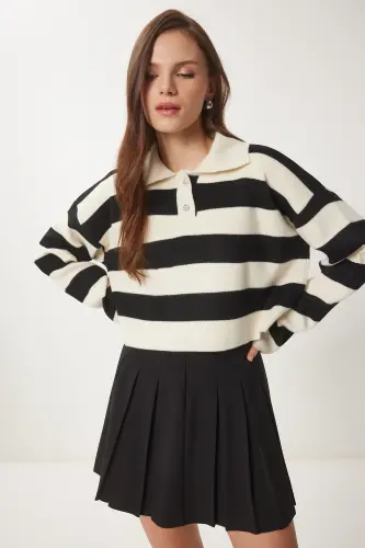 Women's Cream Black Stylish Buttoned Collar Striped Crop Knit - 2