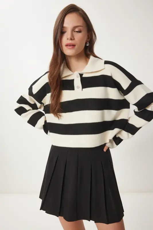 Women's Cream Black Stylish Buttoned Collar Striped Crop Knit - 2