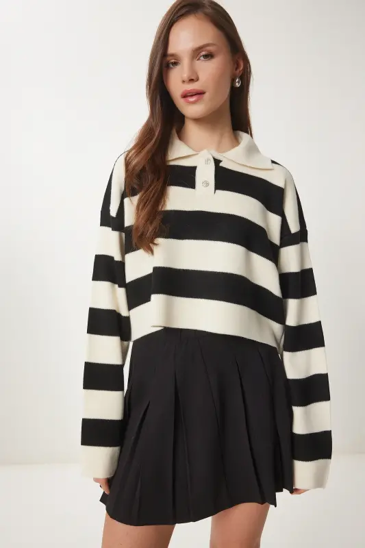 Women's Cream Black Stylish Buttoned Collar Striped Crop Knit - 3