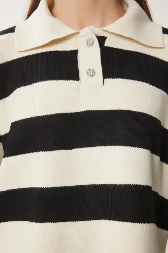 Women's Cream Black Stylish Buttoned Collar Striped Crop Knit - 4