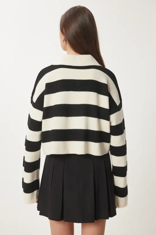 Women's Cream Black Stylish Buttoned Collar Striped Crop Knit - 5