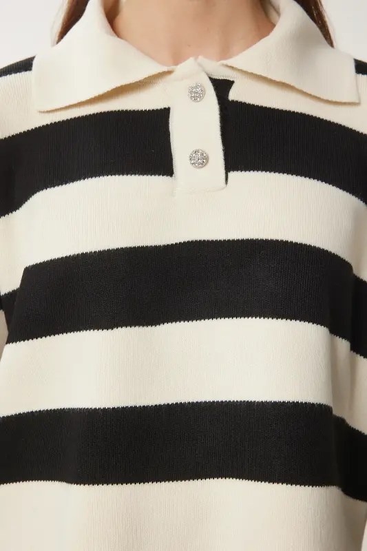 Women's Cream Black Stylish Buttoned Collar Striped Crop Knit - 4