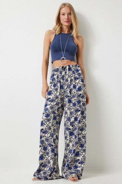 Women's Cream Blue Patterned Flowy Viscose Palazzo Pants EN00606 - HAPPINESS İSTANBUL (1)