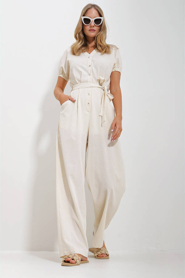 Women's Cream Button Front Double Pocket Linen Jumpsuit ALC-X11626 - 4