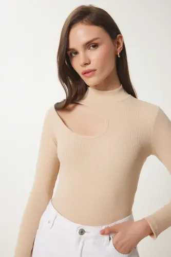 Women's Cream Cut Out Detailed Ribbed Knit Blouse GT00065-Cream 
