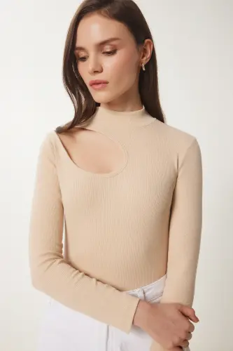 Women's Cream Cut Out Detailed Ribbed Knit Blouse GT00065-Cream - 2