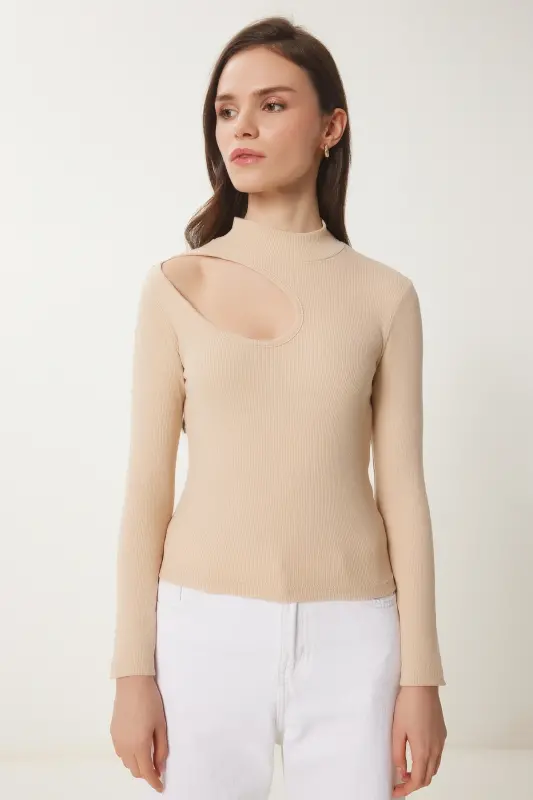 Women's Cream Cut Out Detailed Ribbed Knit Blouse GT00065-Cream - 3