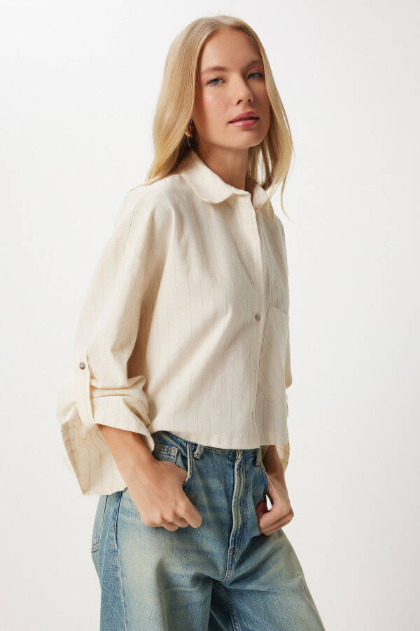 Women's Cream Fine Striped Crop Linen Shirt DM00140 - 2
