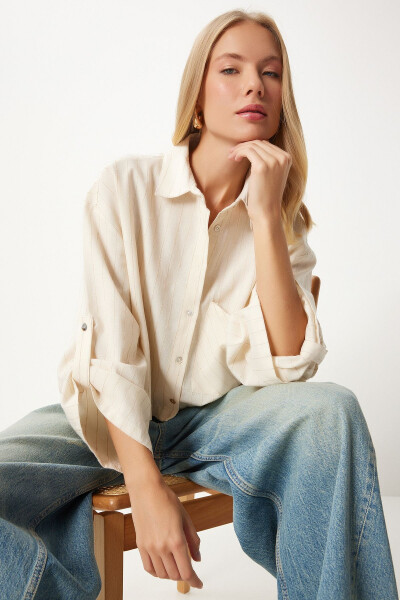 Women's Cream Fine Striped Crop Linen Shirt DM00140 - 4