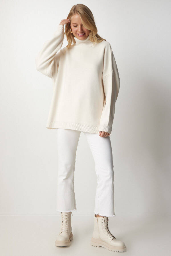 Women's Cream Fisherman Neck Oversized Knit Sweater BV00084 - 3