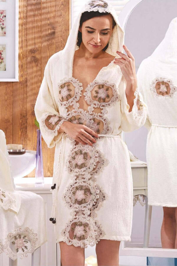 Women's Cream French Lace Honeymoon Trousseau Bathrobe Set - 1