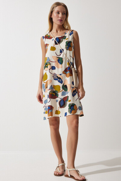 Women's Cream Green Patterned Linen Viscose Mini Dress BH00343 - HAPPINESS İSTANBUL