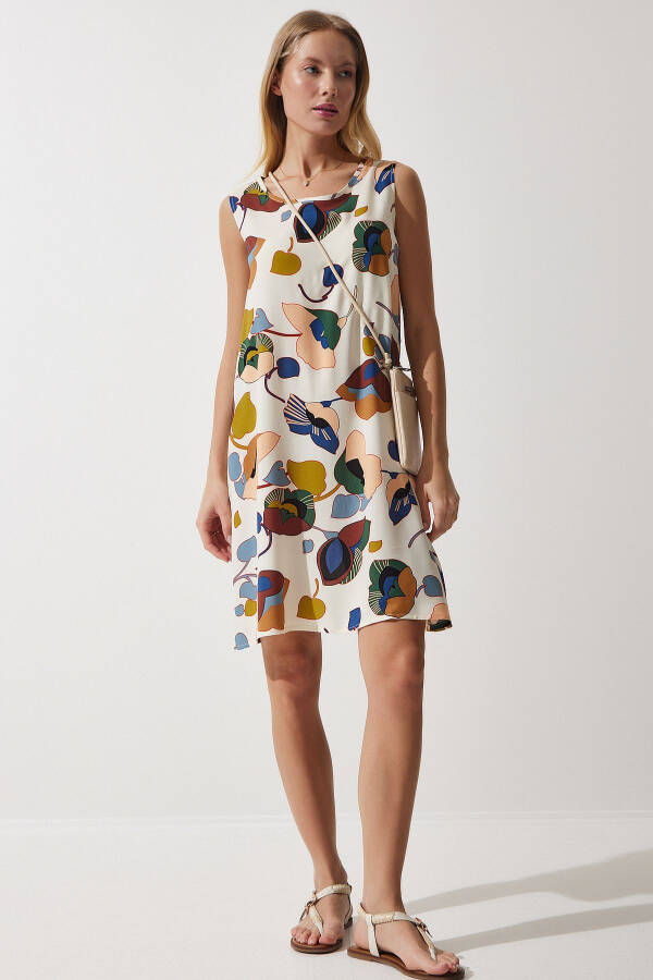 Women's Cream Green Patterned Linen Viscose Mini Dress BH00343 - 1