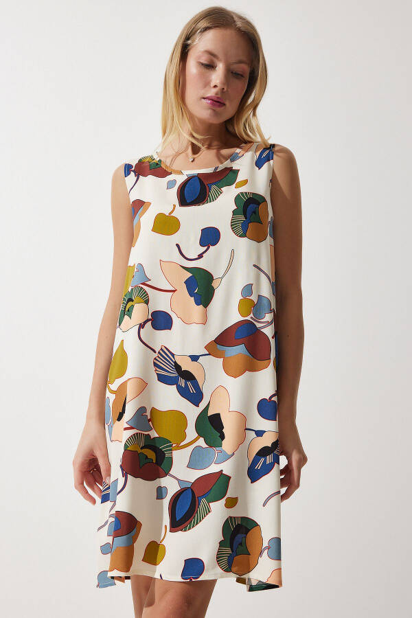 Women's Cream Green Patterned Linen Viscose Mini Dress BH00343 - 2