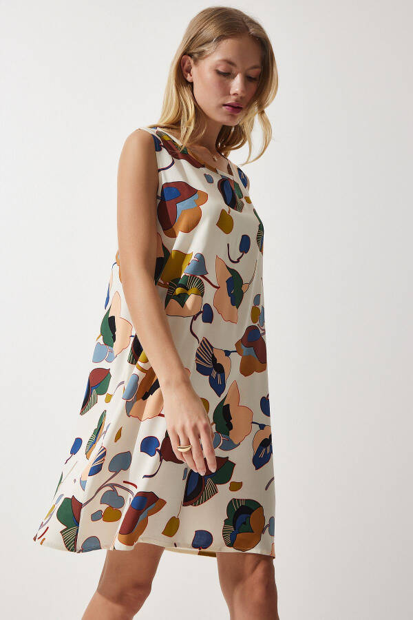 Women's Cream Green Patterned Linen Viscose Mini Dress BH00343 - 3