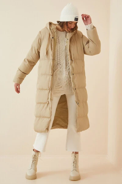 Women's Cream Hooded Oversized Puffer Jacket FD00005 - HAPPINESS İSTANBUL (1)