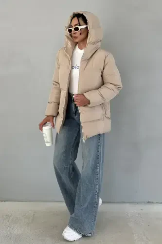 Women's Cream Hooded Puffer Jacket - 5