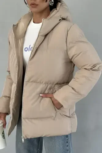 Women's Cream Hooded Puffer Jacket - 6