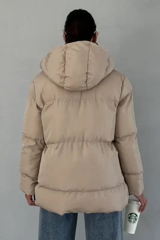 Women's Cream Hooded Puffer Jacket - 7