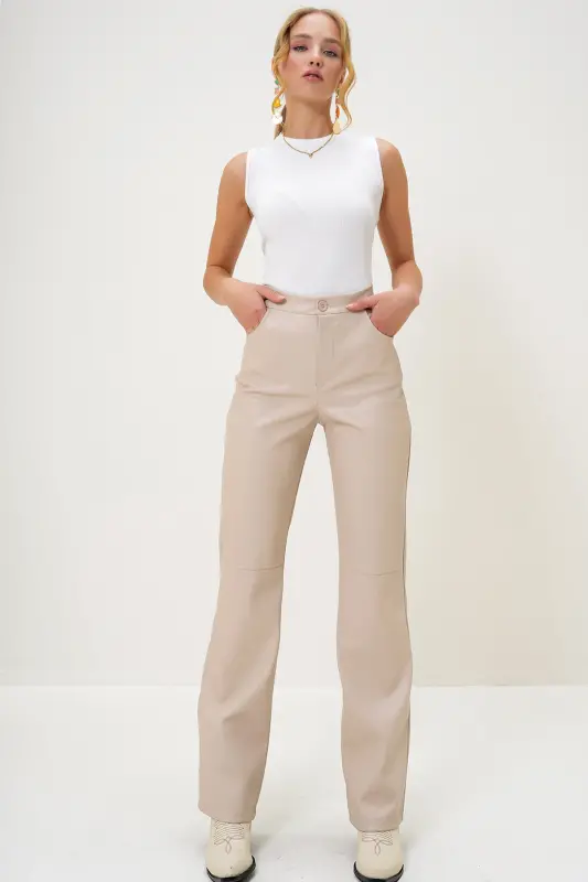 Women's Cream Knee Stitched Pocketed Faux Leather Palazzo Pants ALC-X10843-Cream - 1
