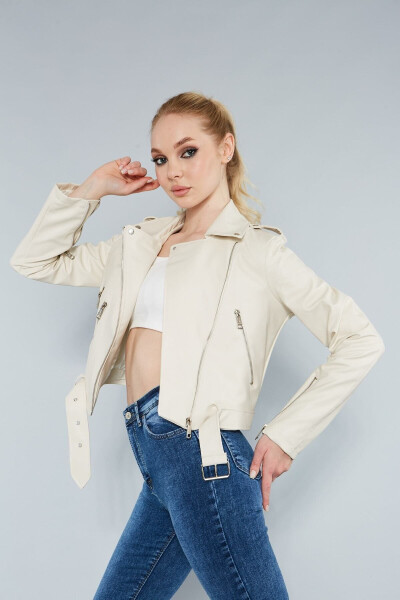 Women's Cream Leather Jacket with Zipper Sleeves - 8