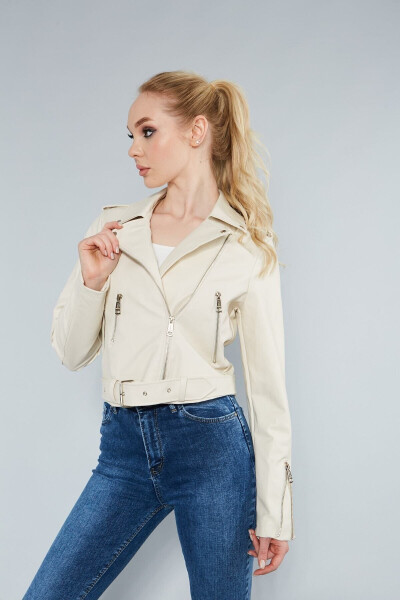 Women's Cream Leather Jacket with Zipper Sleeves - 6