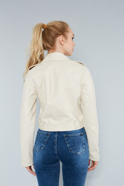 Women's Cream Leather Jacket with Zipper Sleeves - 7