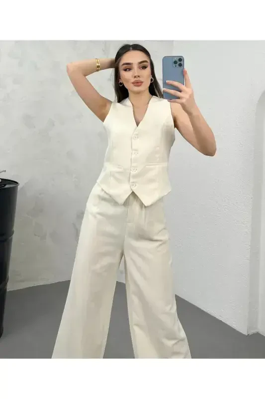 Women's Cream Linen Fabric Lined Vest Elastic High Waist Palazzo Pants Set 9257-Cream - 1
