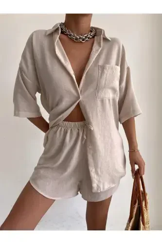 Women's Cream Linen Fabric Oversize Shirt Shorts Set-Cream - 1