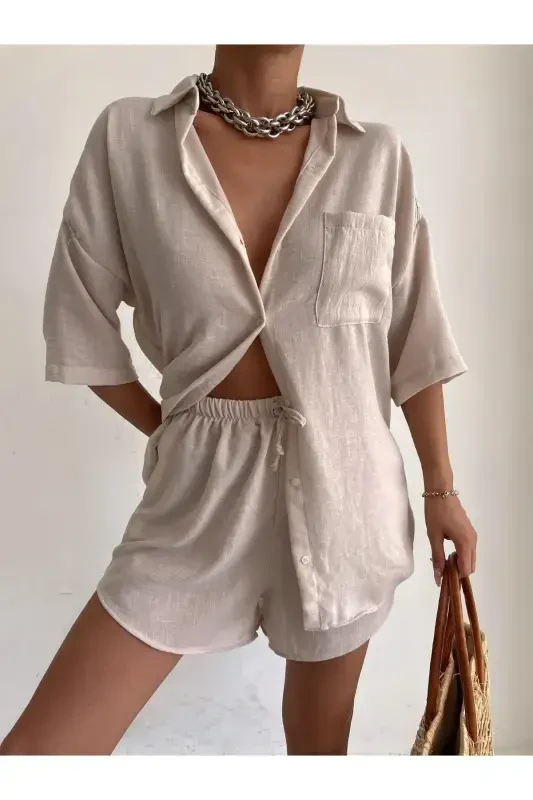 Women's Cream Linen Fabric Oversize Shirt Shorts Set-Cream - 1