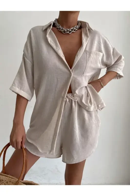 Women's Cream Linen Fabric Oversize Shirt Shorts Set-Cream - 5