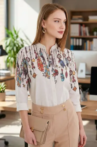 Women's Cream Mandarin Collar Patterned Shirt ARM-25Y001013 
