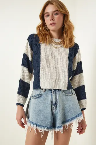 Women's Cream Navy Striped Seasonal Knit Sweater MC00254-Cream Navy - 3