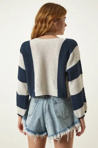 Women's Cream Navy Striped Seasonal Knit Sweater MC00254-Cream Navy - 5