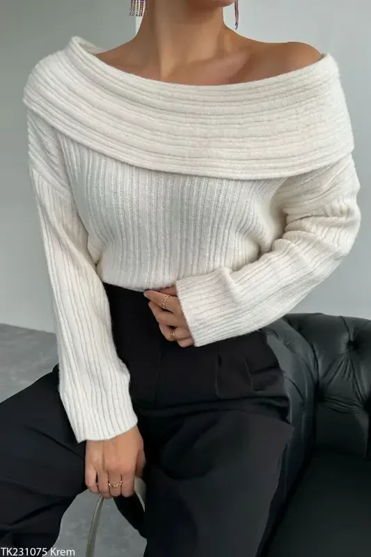 Women's Cream Off-Shoulder Ribbed Sweater with Fold Detail - Cream - 1