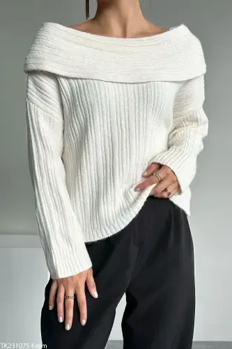 Women's Cream Off-Shoulder Ribbed Sweater with Fold Detail - Cream - 2
